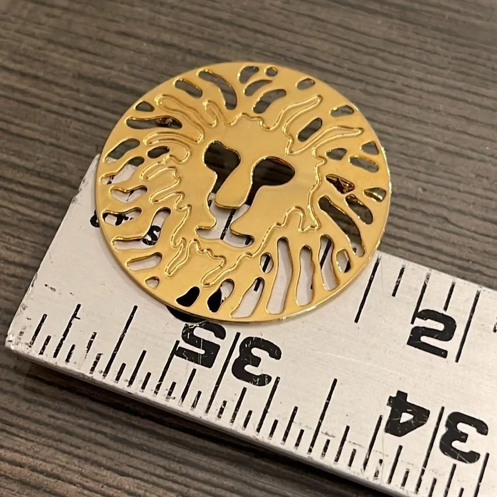 Vintage Anne Klein Gold Tone Round Lion Head Logo Shiny Brooch Pin Designer